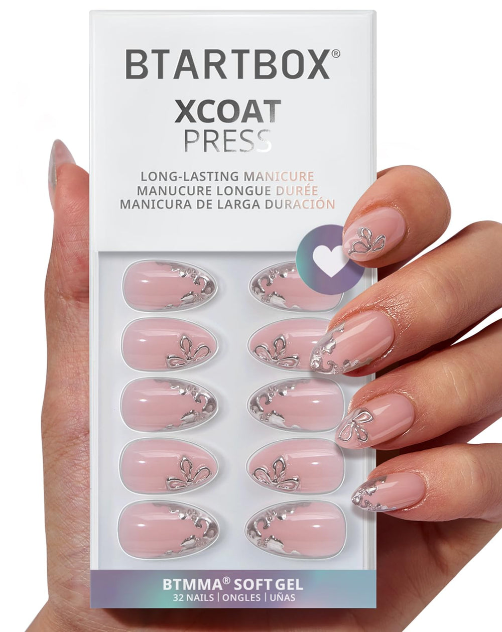 BTArtbox Frost Glam nails closeup—3D silver flower design for long-lasting wear