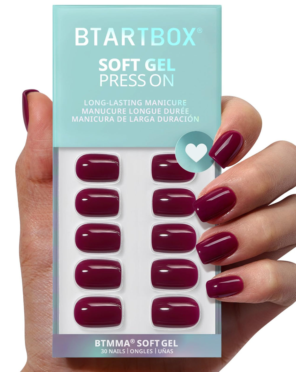 BTArtbox plum red squoval nails on hand for quick at-home manicure