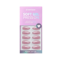 BTArtbox almond natural-fit soft gel nails show a seamless blend with cuticle line.