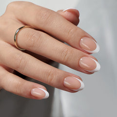 BTArtbox press-on nails short almond nude French tip closeup showing salon-like finish