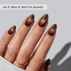 BTArtbox Mocha Hypnotic cat-eye nails with glue and tabs for quick results.