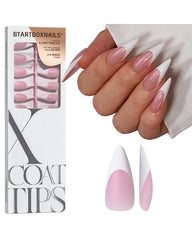 BTArtboxnails XCOATTIPS stiletto nails with pink glitter base for a chic French manicure.
