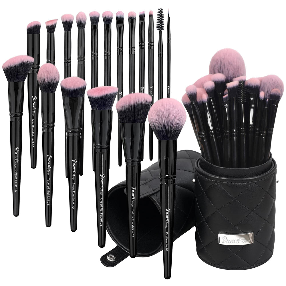 Bueart Design 18pcs Pro Deluxe makeup brushes in fuchsia-pink case for travel-friendly organization.