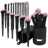 Bueart Design 18pcs Pro Deluxe makeup brushes in fuchsia-pink case for travel-friendly organization.