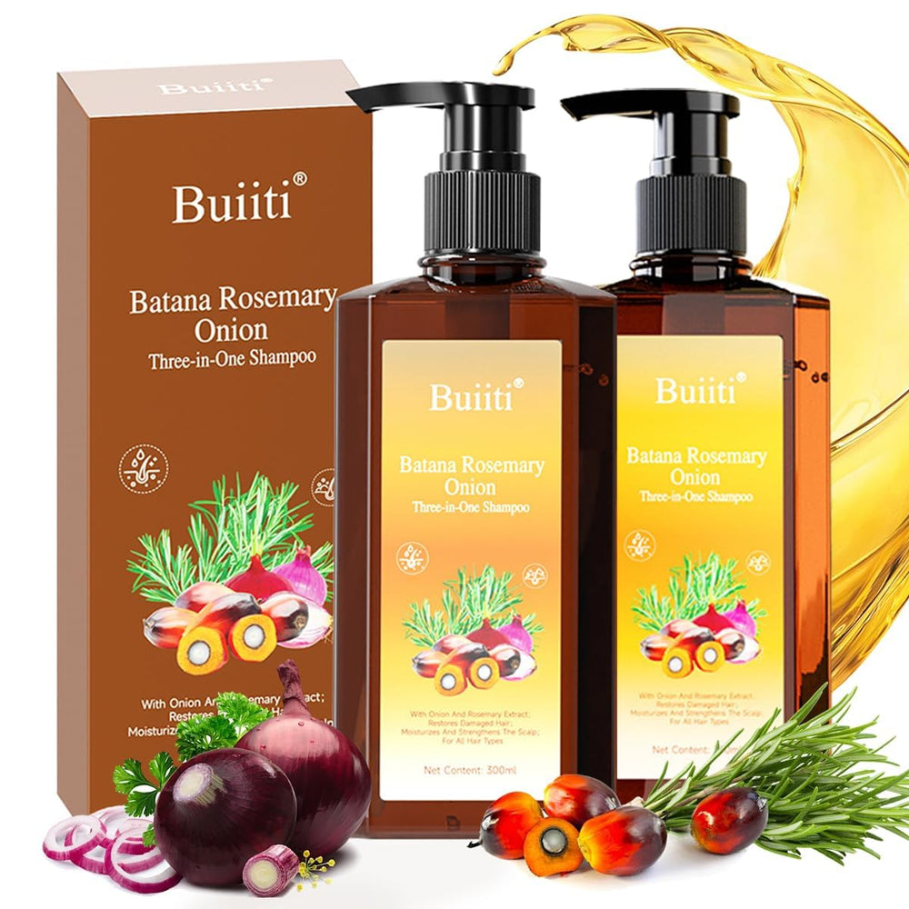 BUIITI Batana Oil Shampoo bottle closeup highlighting sulfate-free cleansing for sensitive scalps.