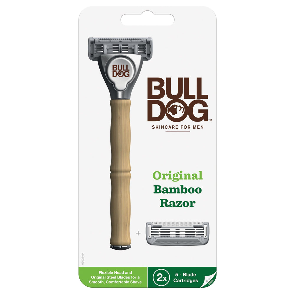 Bulldog bamboo razor handle close-up for comfortable grip during daily shave