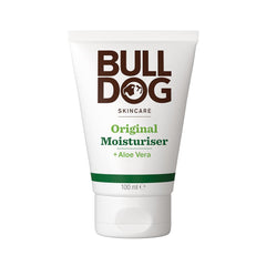 Bulldog Original Moisturiser bottle closeup highlighting the hydrating formula for daily use