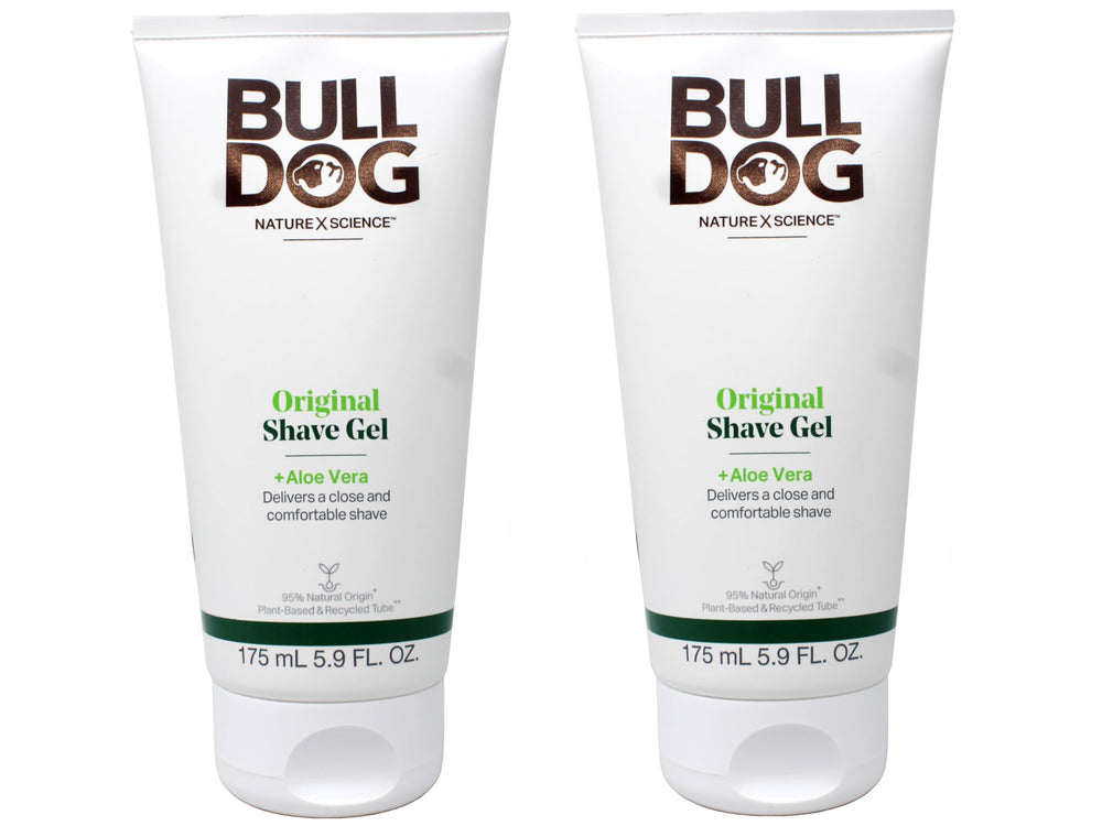Bulldog Original Shave Gel bottle closeup highlighting natural ingredients for a smoother shave