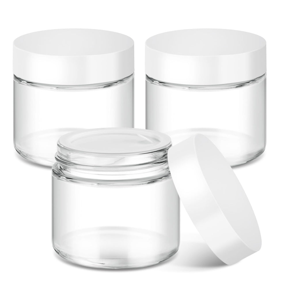 Bumobum 2oz glass jar with white lid for travel-size skincare samples.