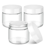 Bumobum 2oz glass jar with white lid for travel-size skincare samples.