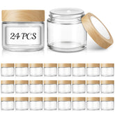 Bumobum 2oz glass jar with woodgrain lid for durable travel cosmetics storage.