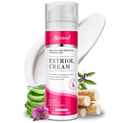 BUNUSS Estriol face cream tube closeup for daily hydration and balanced skin tone.