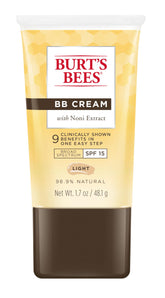 Burt's Bees BB Cream with SPF 15 tube—lightweight tinted moisturizer with daily sun protection.