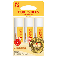 Burt's Bees Beaches and Cream SPF30 lip balm tube front highlights mineral sun protection