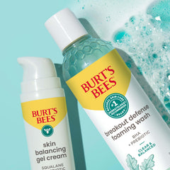 Burt's Bees Clear and Balanced Gel Cream close-up highlights squalane and prebiotic formula.