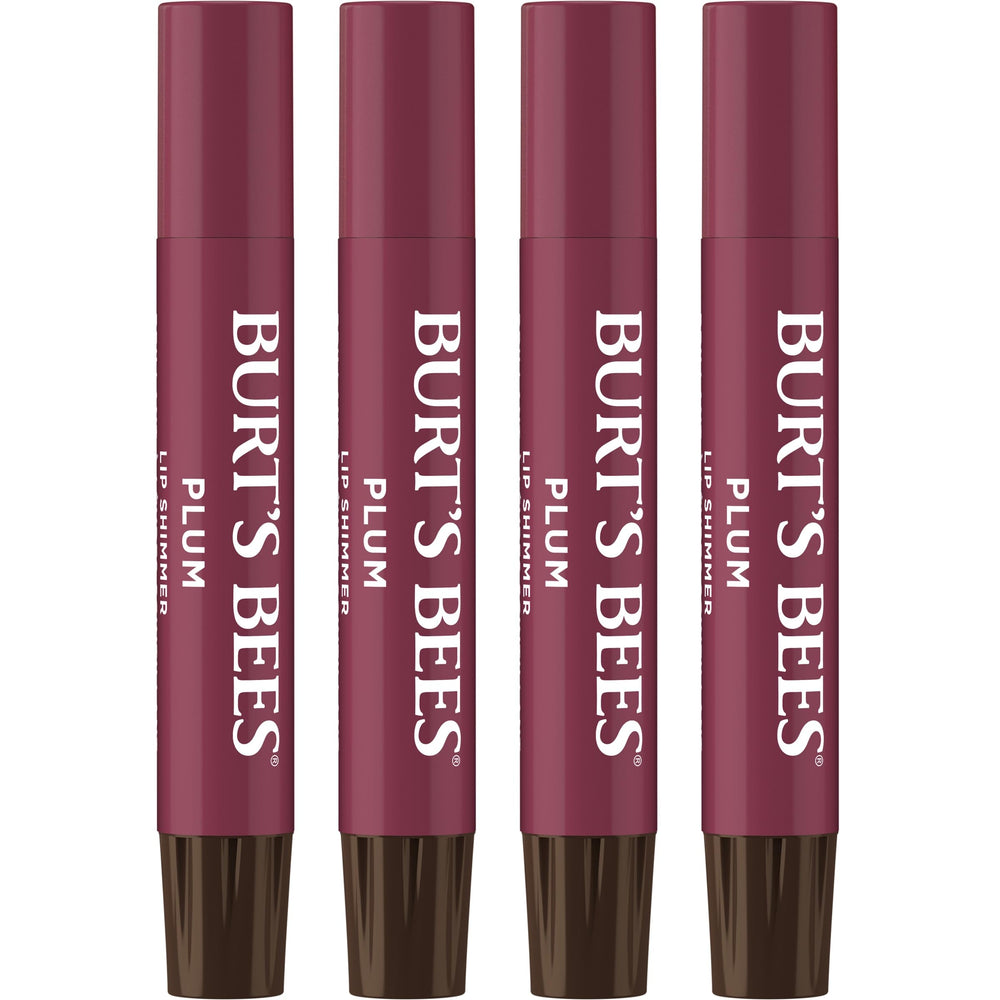 Burt's Bees Lip Shimmer Plum tube shows buildable plum glow for everyday lips.