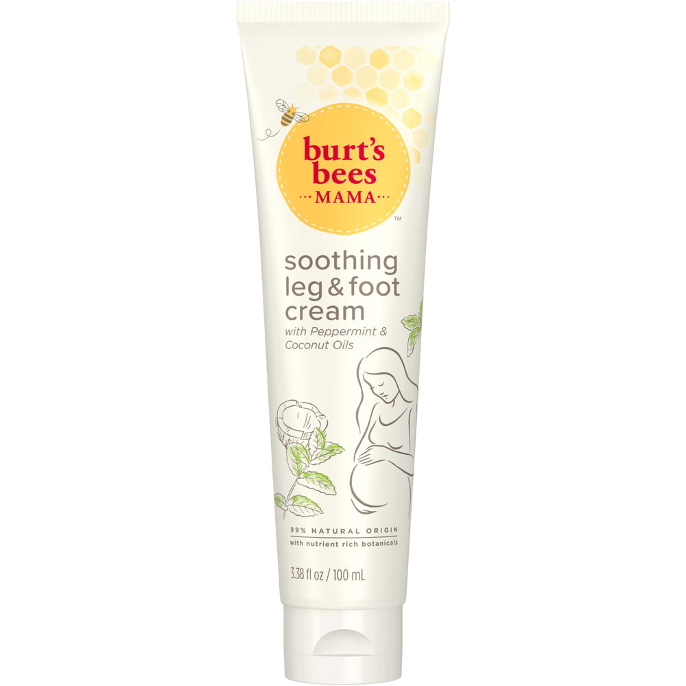 Burt's Bees Mama Bee Leg and Foot Cream tube front, fragrance-free formula soothes tired legs.