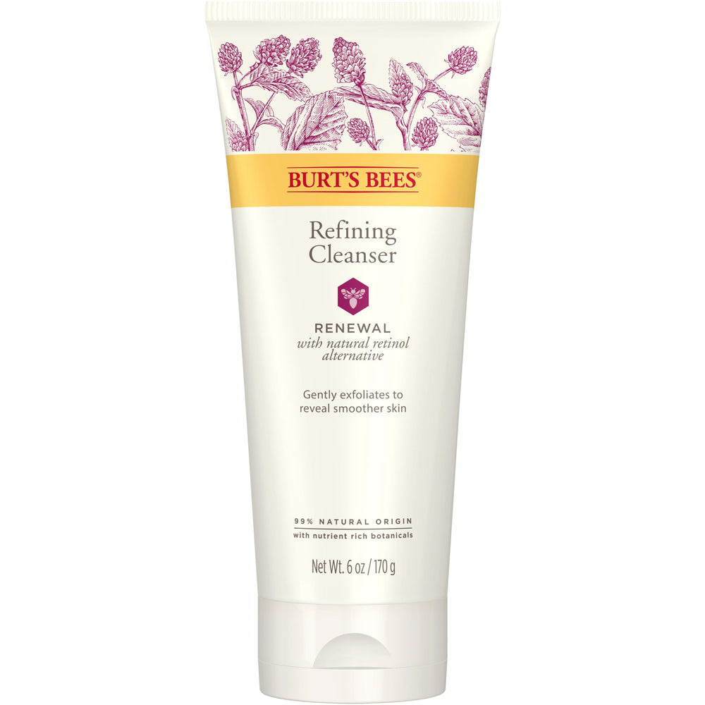 Burt's Bees Renewal Refining Cleanser bottle closeup shows gentle cleansing for smoother skin