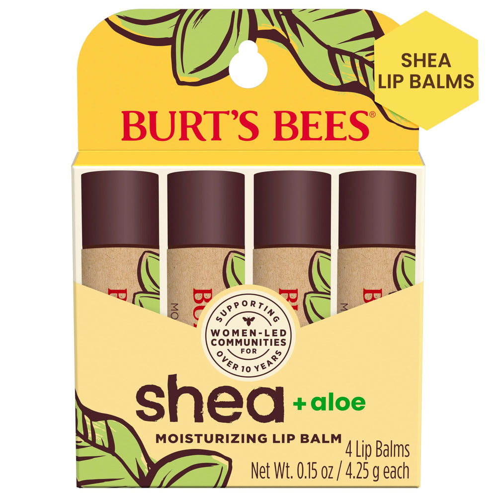 Burt's Bees lip balm four-pack packaging view for gifting and stacking.
