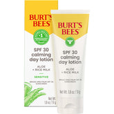 Burt's Bees SPF 30 Calming Day Lotion bottle demonstrates lightweight mineral sunscreen for sensitive skin.
