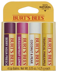 Burt's Bees Tropical Assortment packaging shows multiple lip balms for on-the-go hydration.