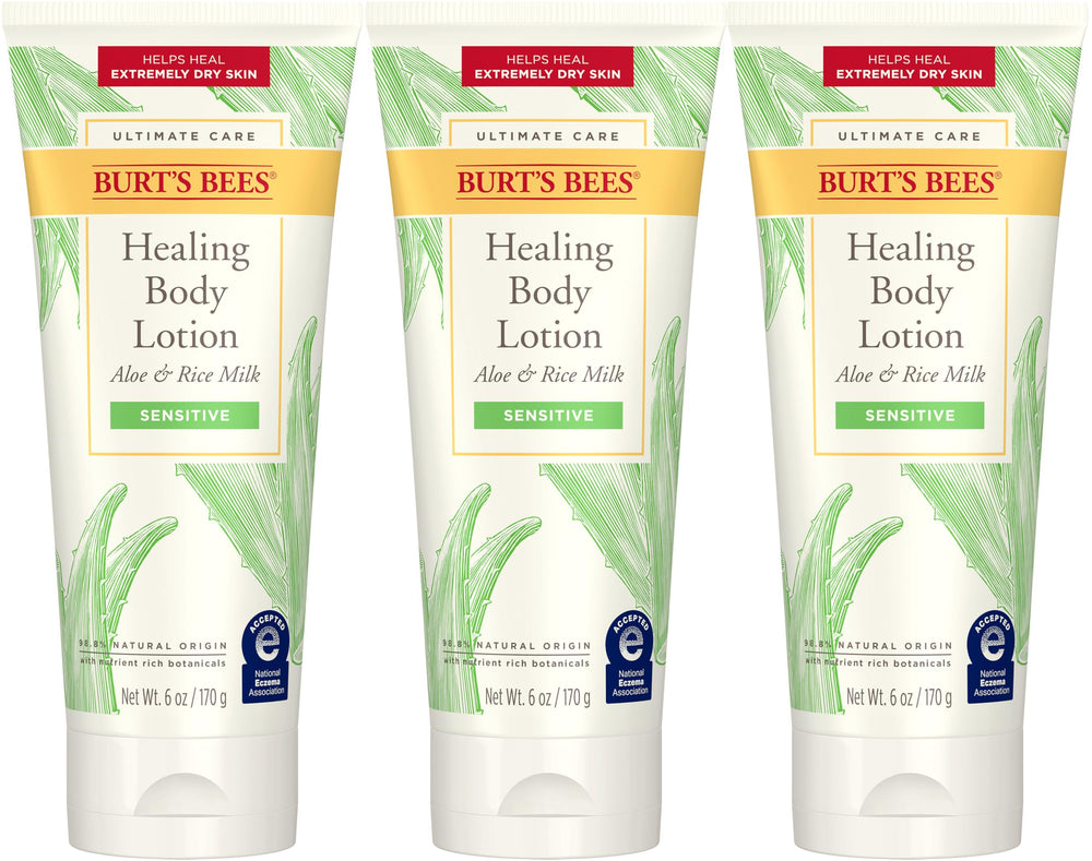 Burt's Bees Ultimate Care Healing Lotion tube close-up showing rich hydration for dry skin