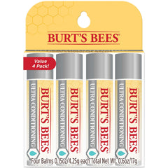 Burt's Bees Ultra Conditioning Lip Balm 4-pack tubes shown for on-the-go moisture.