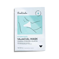Bushbalm Hydrogel Vajacial Triangle Mask packaging highlights vegan formula for post-hair removal care.