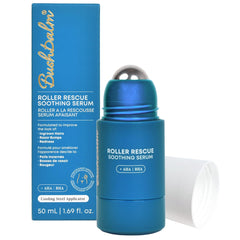 Bushbalm Roller Rescue bottle close-up with cooling rollerball after hair removal