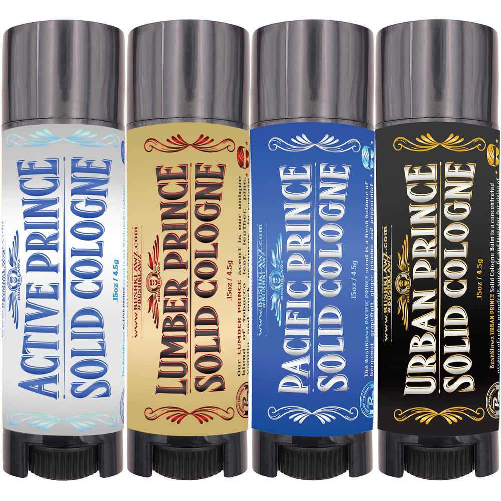 BushKlawz travel sampler set front shows four solid colognes for on-the-go scenting.