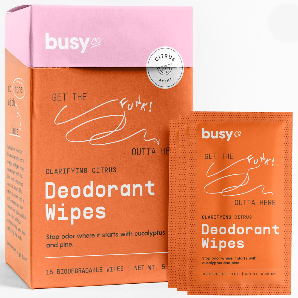 BUSYCO Refresh Line Wipes packaging sleeve shows stylish, sustainable design for on-the-go use.