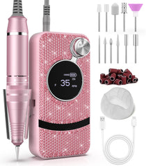 Buways front view nail drill with pink glitter design for stylish at-home manicures.