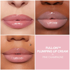 BUXOM Full-On Lip Cream Pink Champagne swatch shows glossy plump tingle