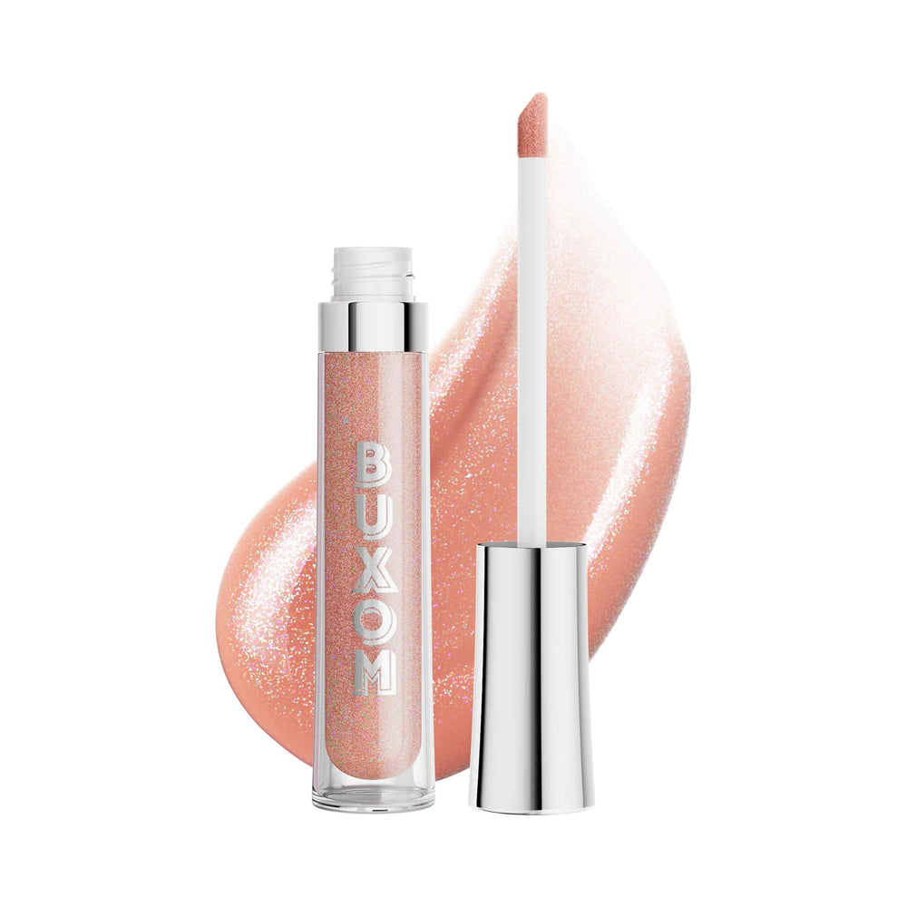 Buxom Full-On Lip Polish Celeste bottle glows with high-shine color and plumping vibe