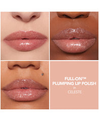 Buxom Full-On Lip Polish Celeste swatch on lips showcases shimmer and fuller-looking pout