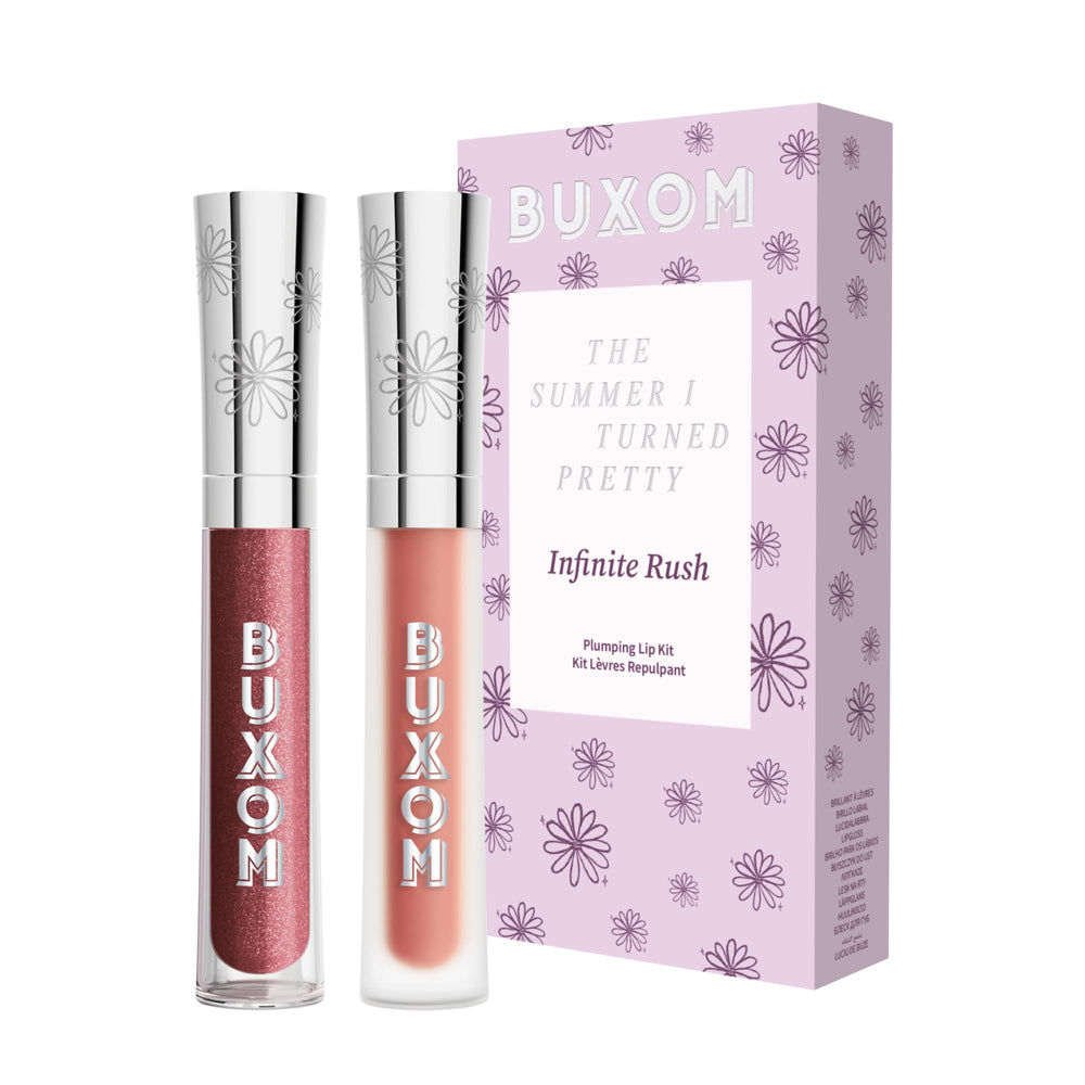 Buxom Infinite Rush Lip Gloss Kit hero display showing two full-size glosses for high shine.