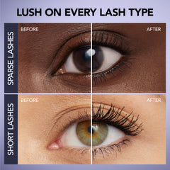 BUXOM Lash Volumizing Mascara blackest black wand shows intense pigment and definition.