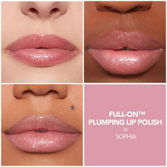 Buxom SOPHIA lip polish shimmer finish highlighting sparkly lips.