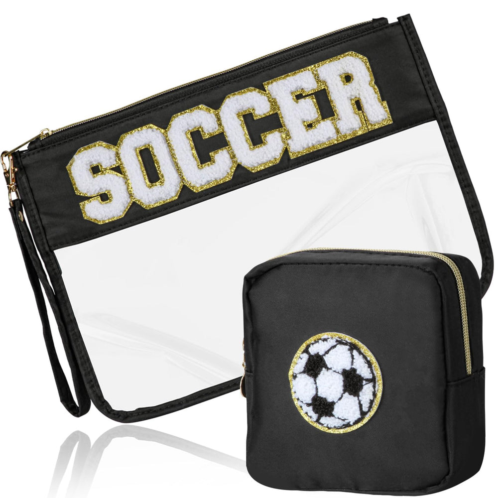 BuyCard soccer gifts makeup bag with chenille patch adds sporty flair and keeps essentials organized.
