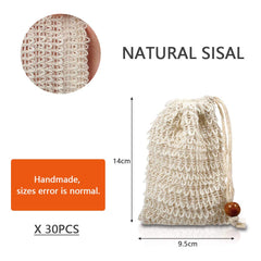 BUYGOO sisal mesh bag hanging to dry in shower for easy storage.