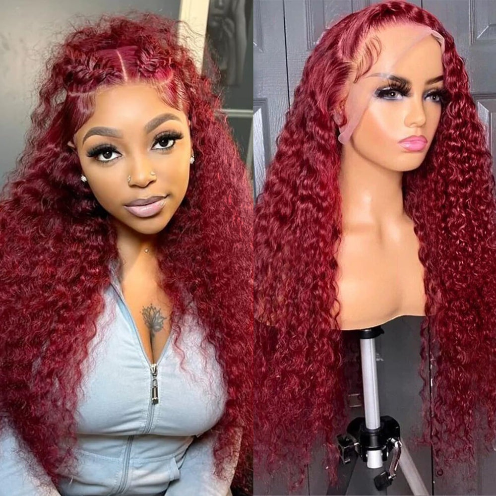 Bworto 30-inch Burgundy Wig front view with seamless lace for natural part.