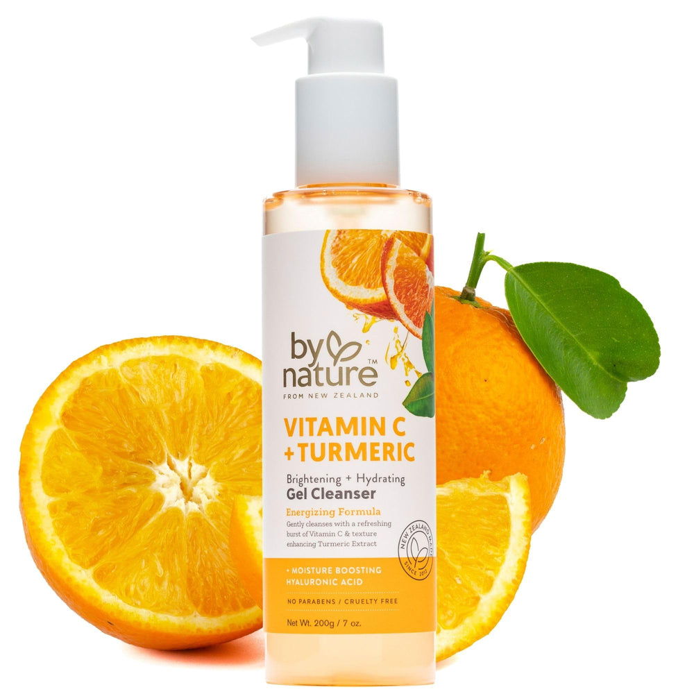 By Nature Vitamin C Turmeric Gel Cleanser bottle showcases brightening action for daily cleansing.