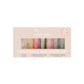 By Rosie Jane Discovery Set front view showcasing seven travel-size fragrances for testing.