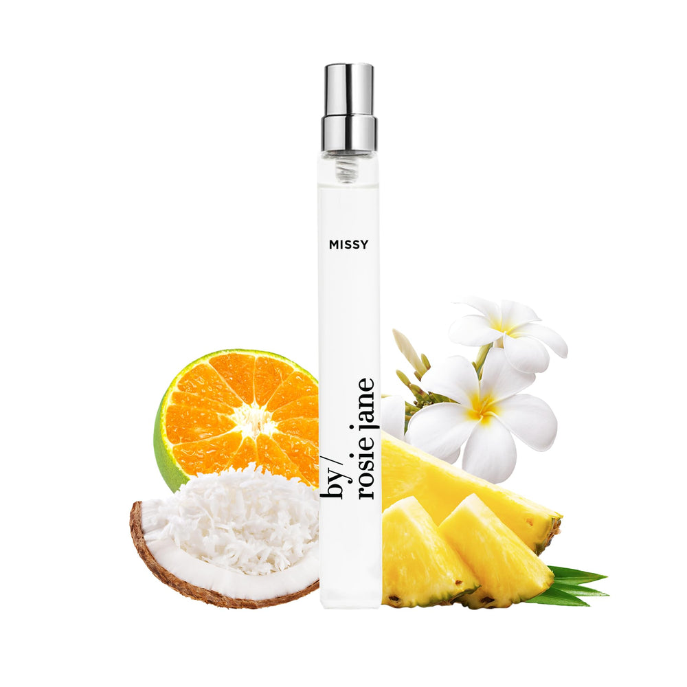By Rosie Jane Missy travel spray bottle highlighting coconut note for everyday elegance