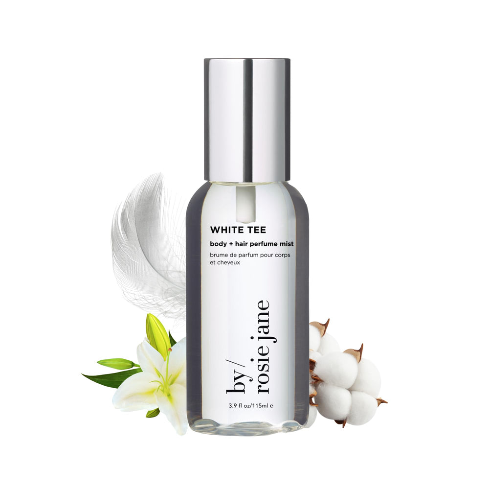 By Rosie Jane White Tee mist bottle front offers an everyday hair and body fragrance.