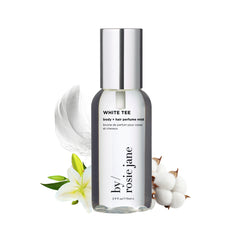 By Rosie Jane White Tee mist bottle front offers an everyday hair and body fragrance.