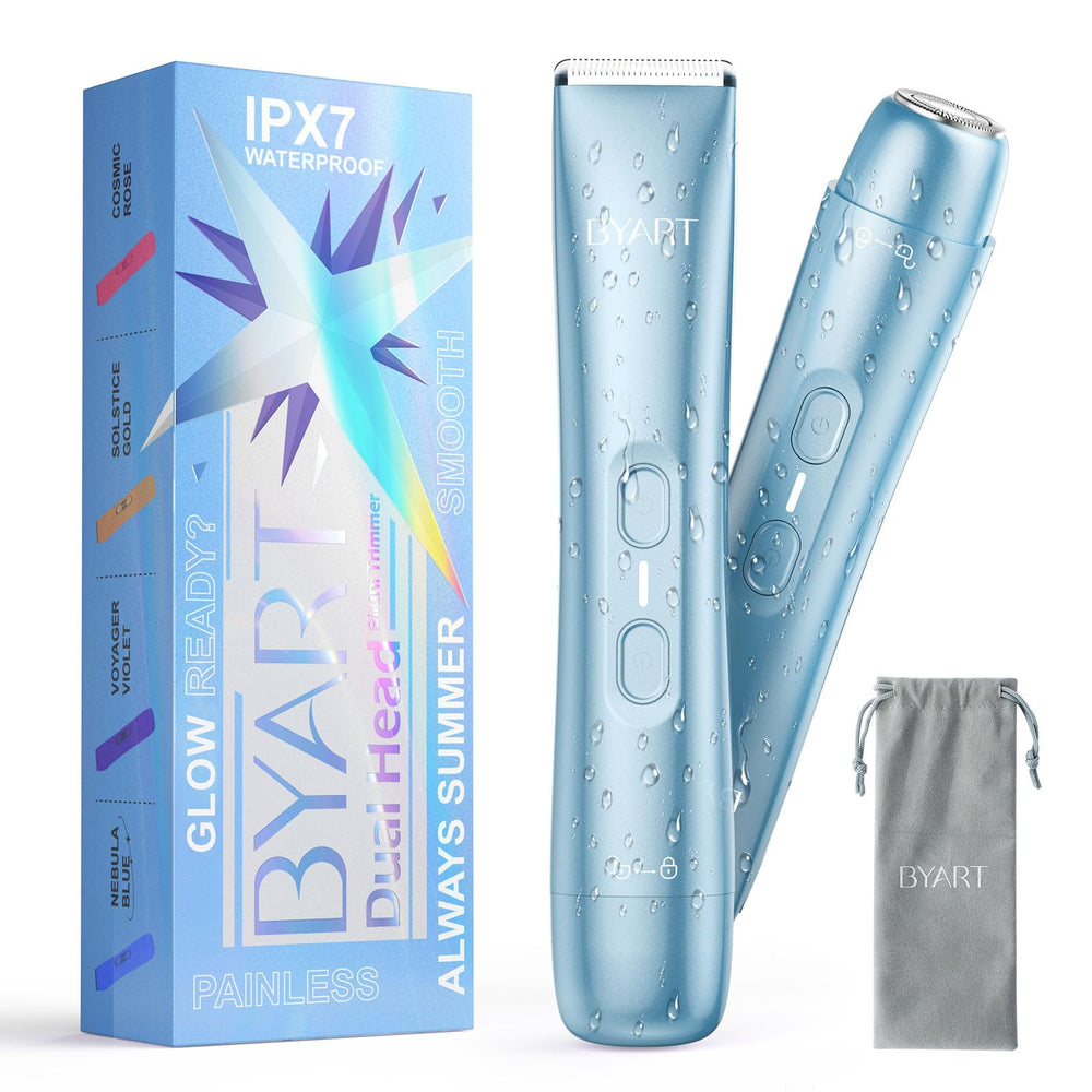 BYART dual-head electric shaver blue front view shows quick grooming on the go.