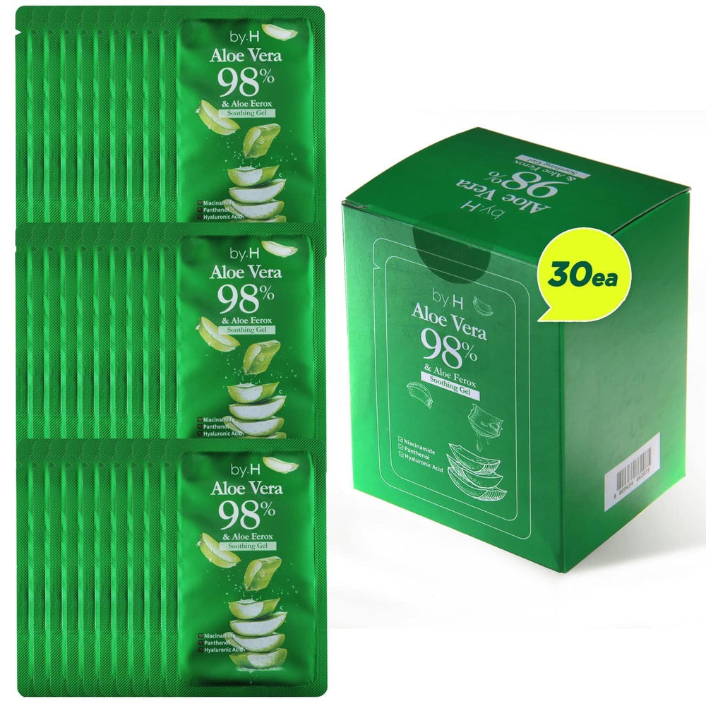 by.H travel-size aloe gel 30 mini packets for on-the-go skincare relief.