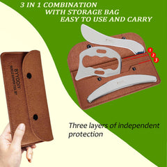 C-shaped scraper being used on a lower leg for massage.