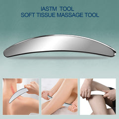 S-shaped scraper applying massage techniques on a back muscle.